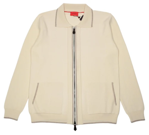 Isaia Napoli Beige Sweater Full Zip Fine Wool Silk Cashmere Knit
