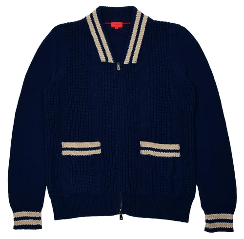 Isaia Napoli Blue Brown Sweater Full Zip Fine Ribbed Cashmere Cotton Knit