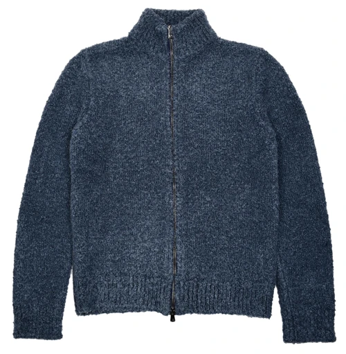 Isaia Napoli Blue Sweater Full Zip Fine Boucle Wool Silk Blend Soft Knit