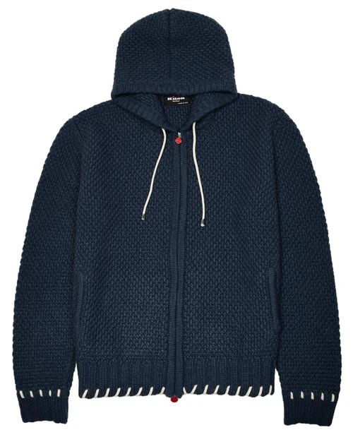 Kiton Napoli Blue Cashmere Hoodie Full Zip Sweater