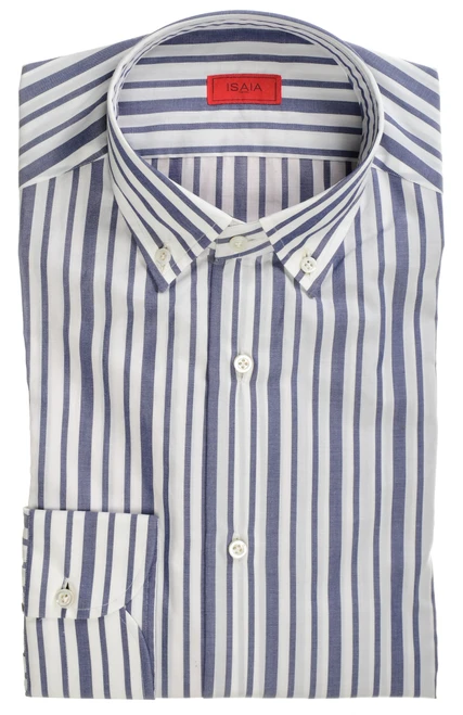 Isaia Napoli Mix Dress Shirt Blue White Stripe Cotton Button Collar