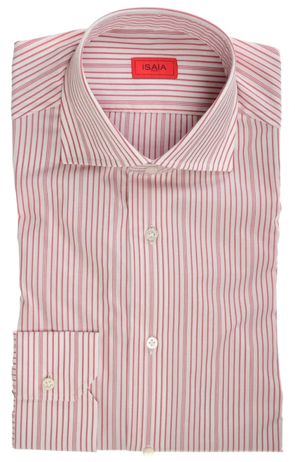 Isaia Napoli Mix Dress Shirt Red White Stripe Cotton Spread Collar