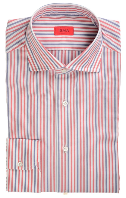 Isaia Napoli Mix Dress Shirt Red Blue White Stripe Cotton Spread Collar