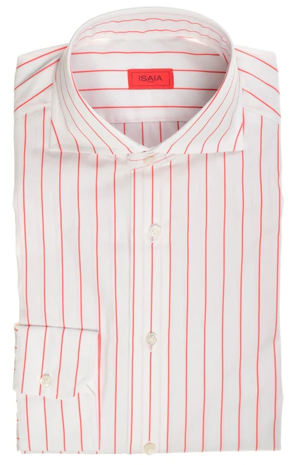 Isaia Napoli Mix Dress Shirt Red White Stripe Cotton Spread Collar
