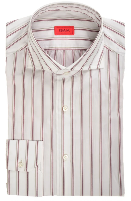 Isaia Napoli Mix Dress Shirt Burgundy Brown White Stripe Cotton Spread Collar