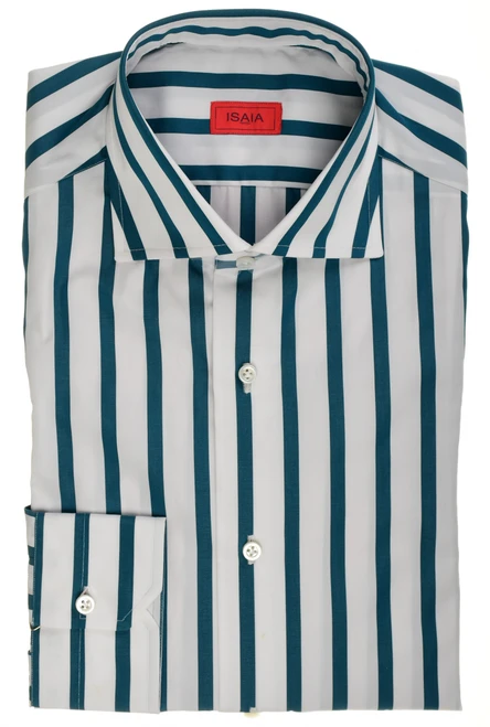 Isaia Napoli Mix Dress Shirt Green White Stripe Cotton Spread Collar