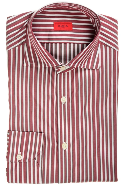 Isaia Napoli Mix Dress Shirt Burgundy Brown White Stripe Cotton Spread Collar