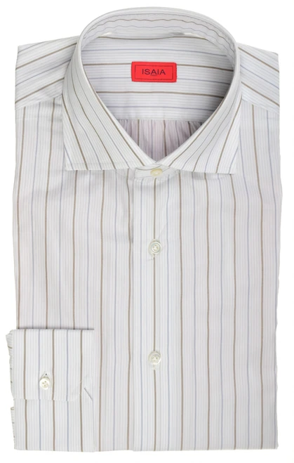 Isaia Napoli Italia Dress Shirt Blue Brown White Stripe Cotton Spread Collar