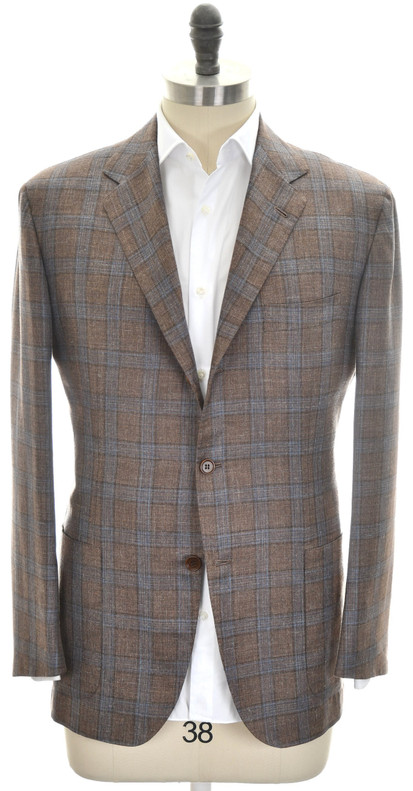 Kiton Sport Coat Jacket Cashmere Blend Size 44 Brown Blue Plaid