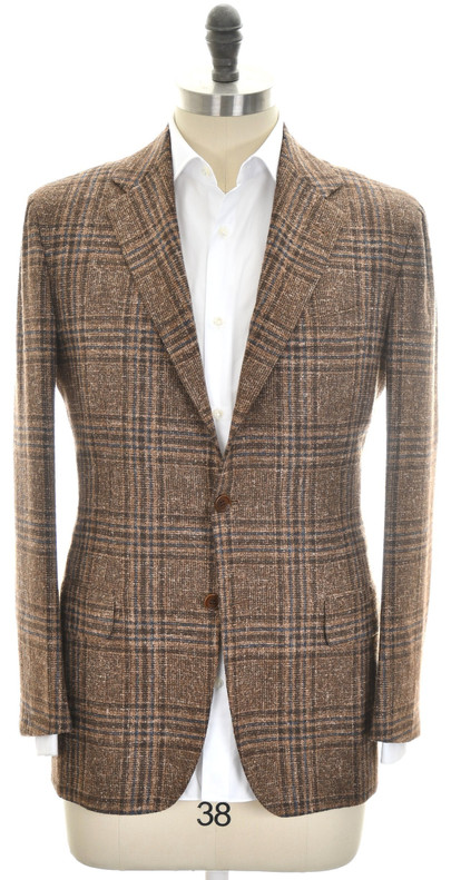 Kiton Sport Coat Jacket Cashmere Blend Size 44 Brown Blue Plaid