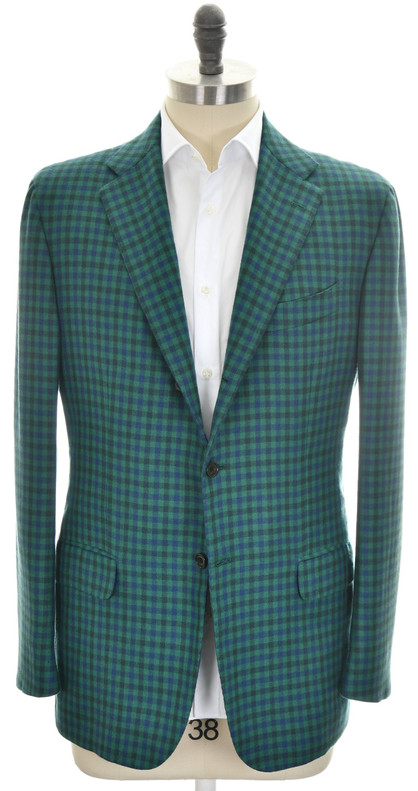 Kiton Sport Coat Jacket Cashmere Size 48L Green Blue Check