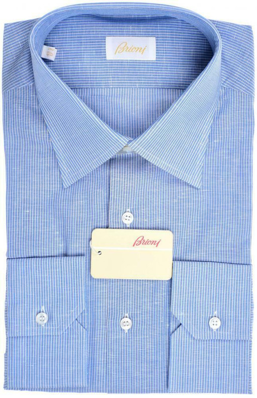 Brioni Dress Shirt Superfine Cotton Linen Size 17 Blue Stripe Brioni Dress Shirt Superfine Cotton Linen Size 17 Blue Stripe