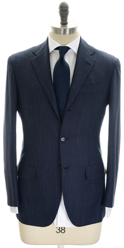 Kiton Suit Cashmere Silk Linen Size 44 Blue Stripe