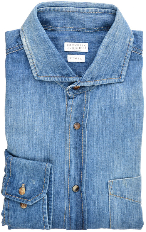 Brunello Cucinelli Denim Cotton Shirt Slim-Fit Size XLarge Blue