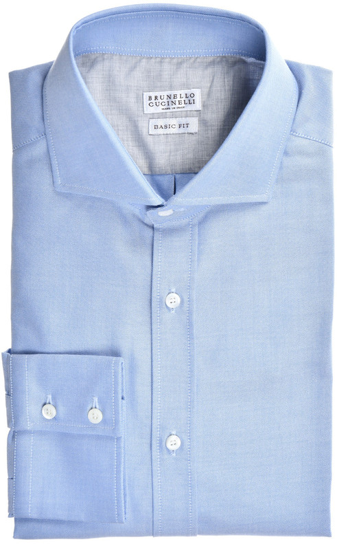 Brunello Cucinelli Shirt Basic-Fit Cotton Oxford Size XLarge Blue