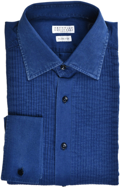 Brunello Cucinelli Tuxedo Formal Shirt Slim-Fit Cotton Size Medium Blue