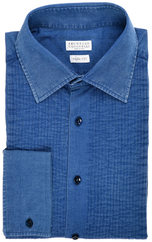 Brunello Cucinelli Tuxedo Formal Shirt Slim-Fit Size Medium Blue