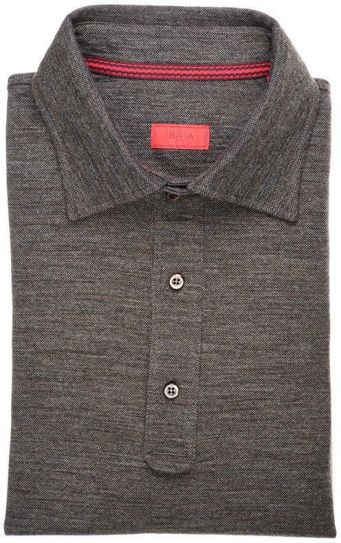 Isaia Short Sleeve Jersey Merino Pique Knit Polo Shirt Wool Size Medium Brown