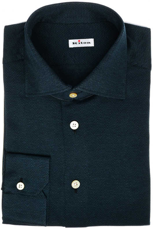 Kiton Napoli Dress Shirt Fine Cotton Jersey Size 16 Green Blue Chevron