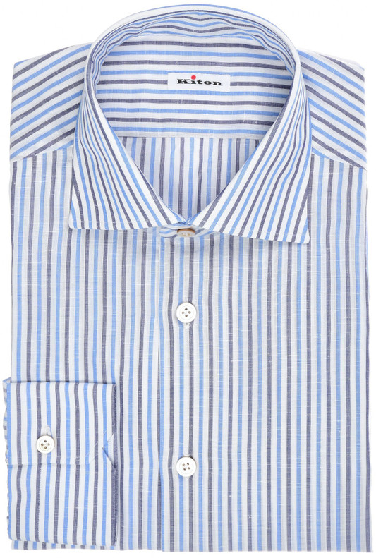 Kiton Napoli Dress Shirt Superfine Cotton Linen Size 17 Blue Stripe