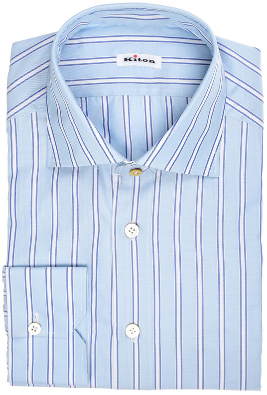 Kiton Napoli Dress Shirt Cotton Twill Size 15 1/2 Blue Stripe