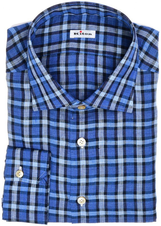 Kiton Napoli Dress Shirt Fine Linen Size 18 Navy Blue Plaid