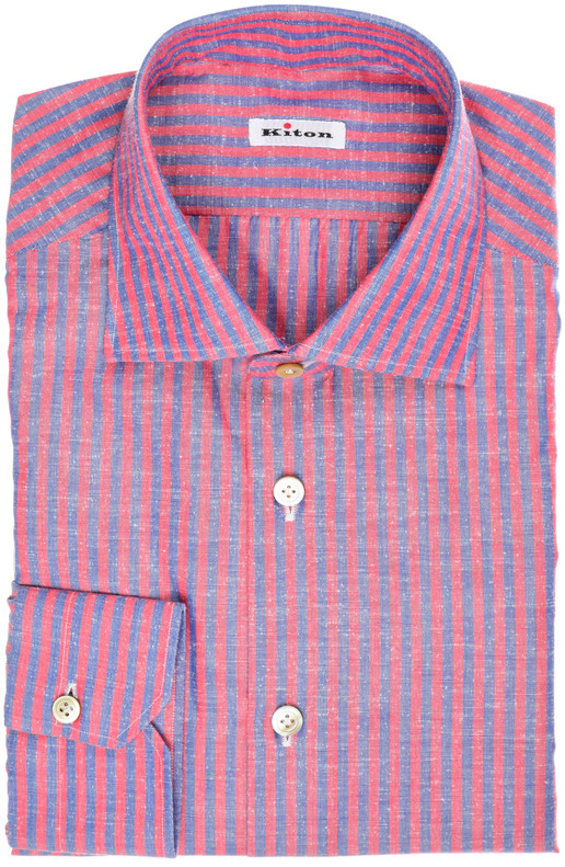 Kiton Napoli Dress Shirt Superfine Cotton Silk Cashmere Size 15 3/4 Red Blue Stripe