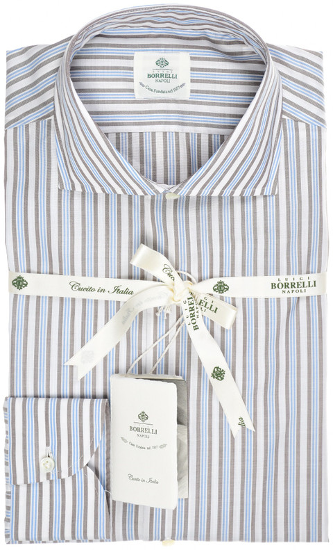 Luigi Borrelli Napoli Dress Shirt Superfine Cotton Size 15 Brown Blue Stripe