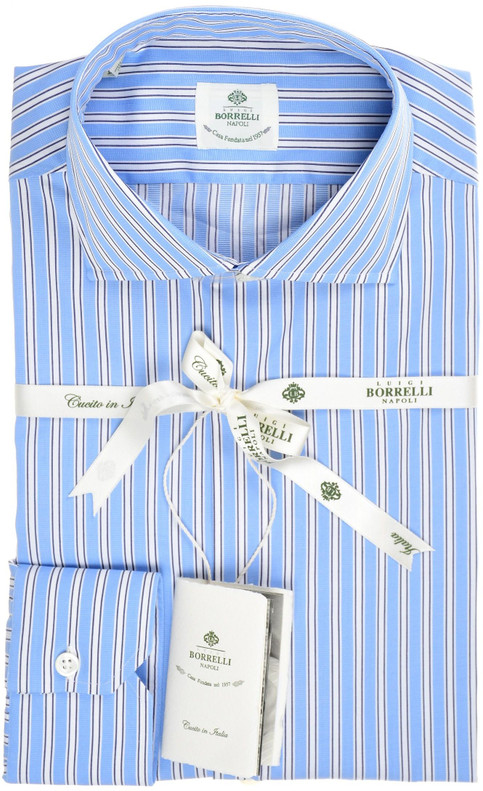 Luigi Borrelli Napoli Dress Shirt Fine Cotton Size 16 Navy Blue Stripe