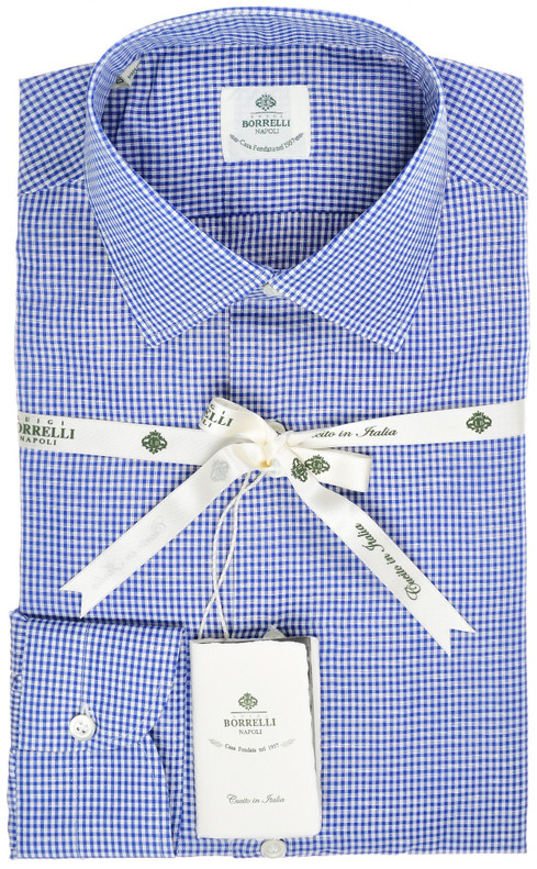 Luigi Borrelli Napoli Modified Spread Collar Dress Shirt Superfine Cotton Linen Size 16 1/2 Blue Gingham Check