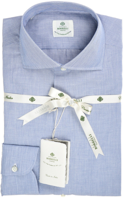 Luigi Borrelli Napoli Dress Shirt Cotton Linen Size 17 1/2 Blue Micro Stripe