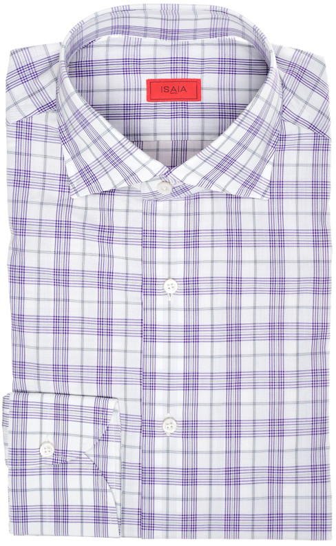 Isaia Napoli Dress Shirt Fine Cotton Size 17 1/2 Purple Gray White Plaid