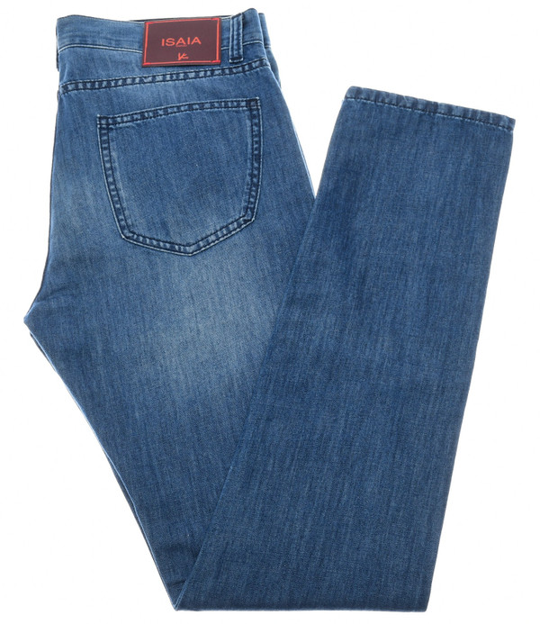 Isaia Napoli Washed Denim Jeans Slim Fit Button Fly Cotton Linen Size 34 Blue