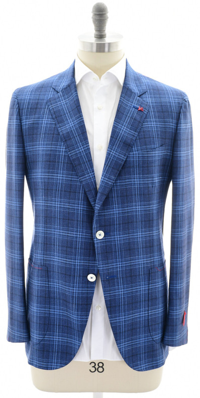 Isaia Napoli Sport Coat Jacket 'Sailor' Cashmere Wool Silk Linen Size 44 Blue Plaid