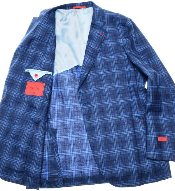 Isaia Sport Coat Jacket 'Sailor' Size 44 Blue Plaid 06SC0234