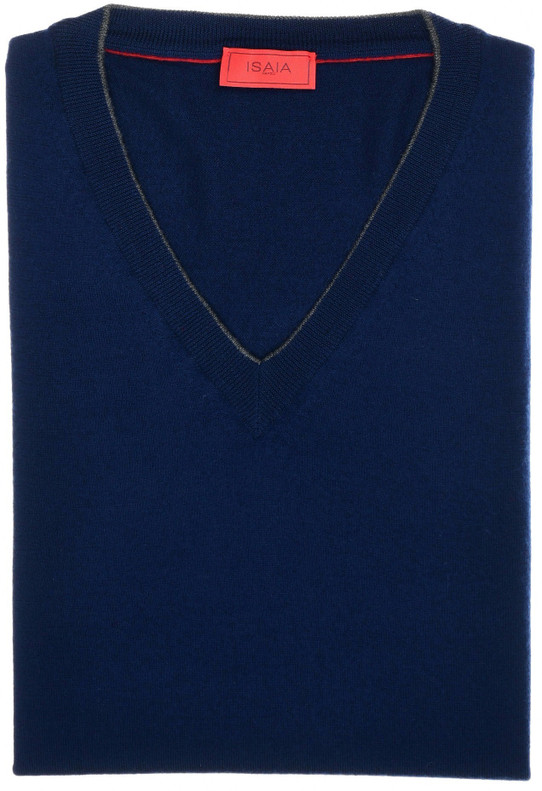 Isaia Sweater V-Neck Wool 120's Super Extrafine Size Medium Blue