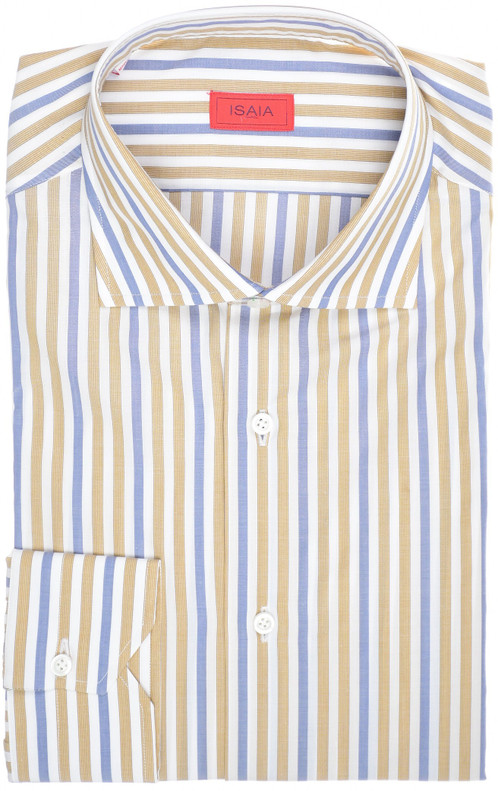 Isaia Napoli Mix Dress Shirt Cotton Size 16 1/2 Brown Blue Stripe