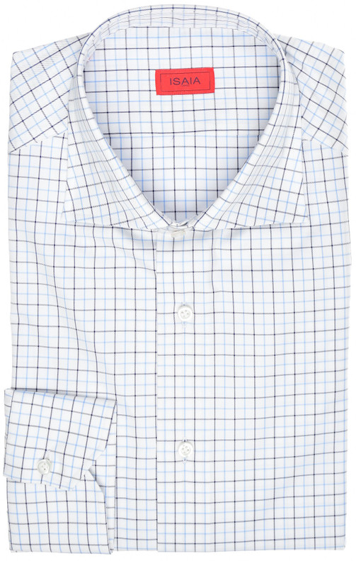 Isaia Napoli Mix Dress Shirt Cotton Size 17 Navy Blue Check