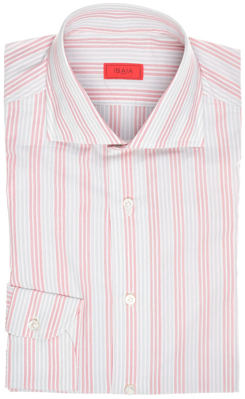 Isaia Napoli Mix Dress Shirt Cotton Size 17 Red Gray Stripe