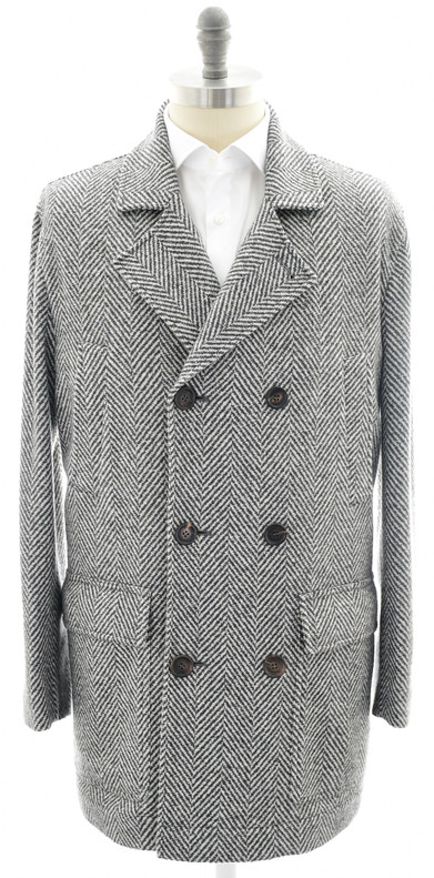 Brunello Cucinelli Pea Coat Cashmere Gray Herringbone