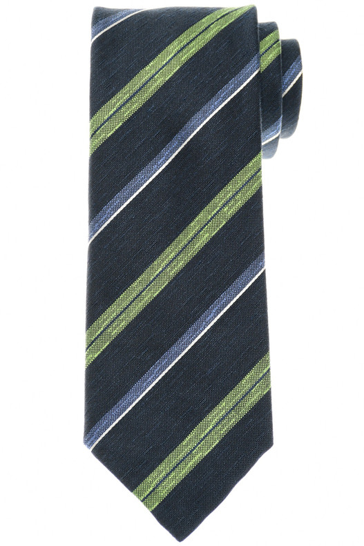 Brioni Tie Woven Silk Linen Green Blue Stripe