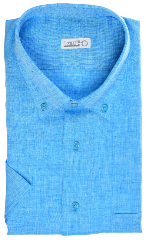 Zilli Dress Shirt Short Sleeve Linen Blue