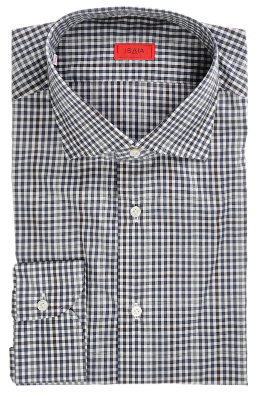 Isaia Mix Dress Shirt Cotton Dark Blue Brown Check