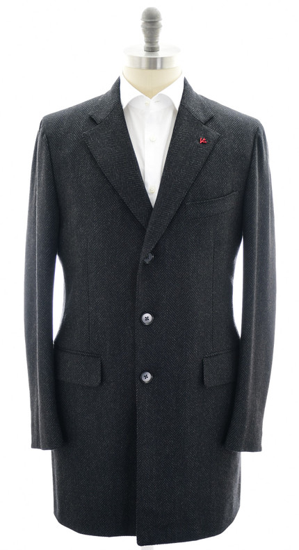 Isaia Napoli Walking Coat Wool Cashmere Gray Herringbone