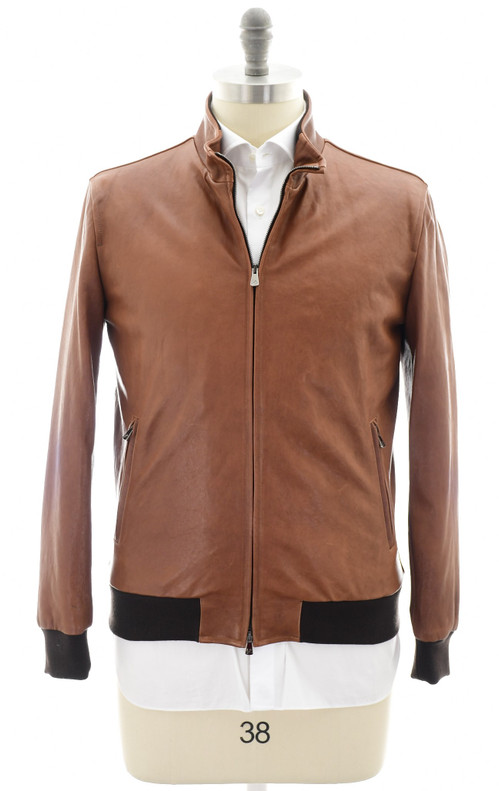 Isaia Napoli Bomber Jacket Leather Brown