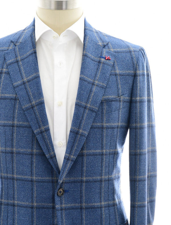 Isaia Sport Coat Jacket 'Dustin' Wool Silk Blue Gray Plaid