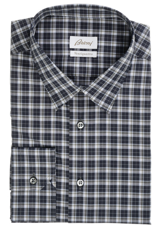 Brioni Dress Shirt Cotton Gray Check