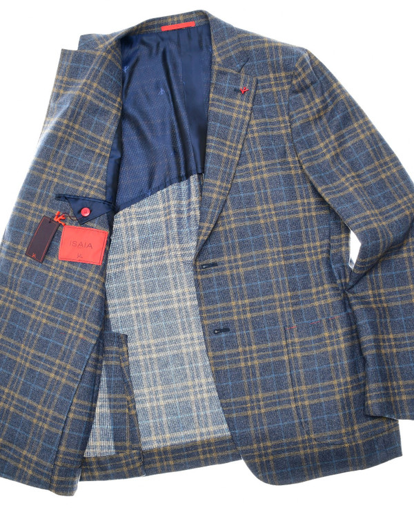 Isaia Sport Coat Jacket 'Cortina' Wool Cashmere Blue Yellow Plaid