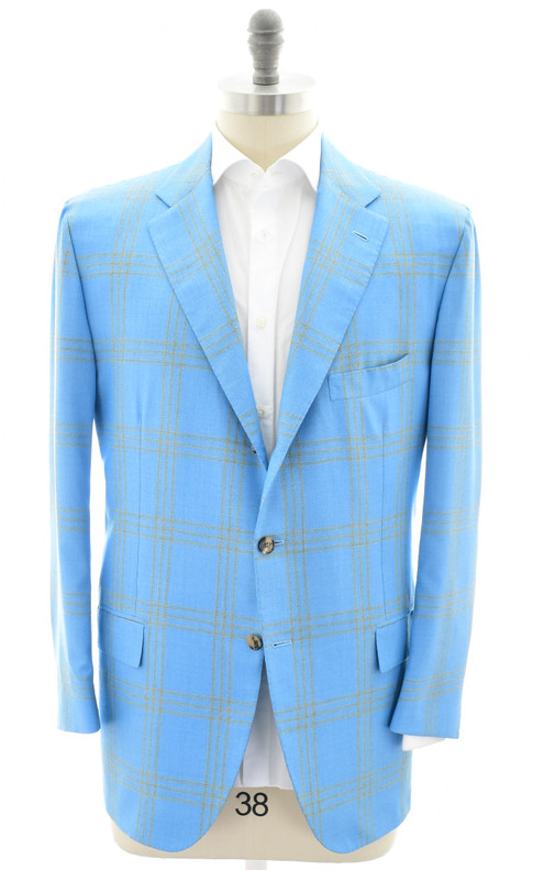 Kiton Sport Coat Jacket Cashmere Silk Blue Plaid