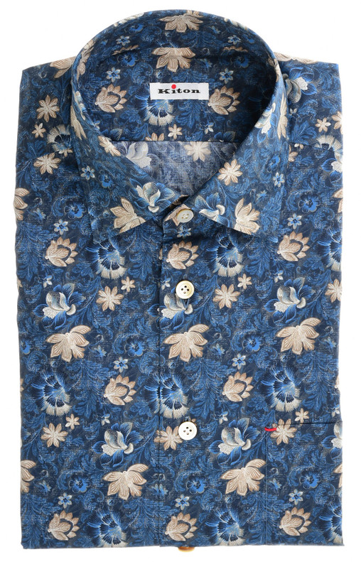 Kiton Shirt Nerano Cotton Blue Brown Floral Print